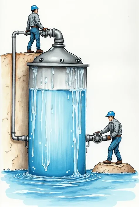 1.  create a drawing consisting of a water pipe from the agreement of a city ,  some workers and some valves that open the passage of water . 2.  the tube must be half 10 meters long with a diameter of 1 meter . 3.  The water must come out at the end and f...