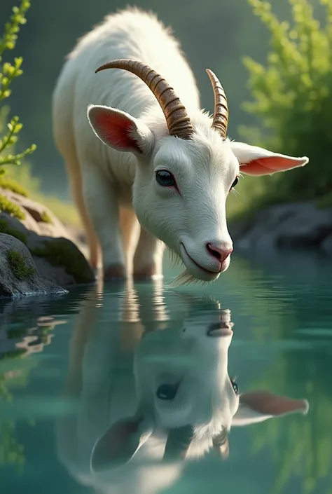 The goats face is reflected in the water