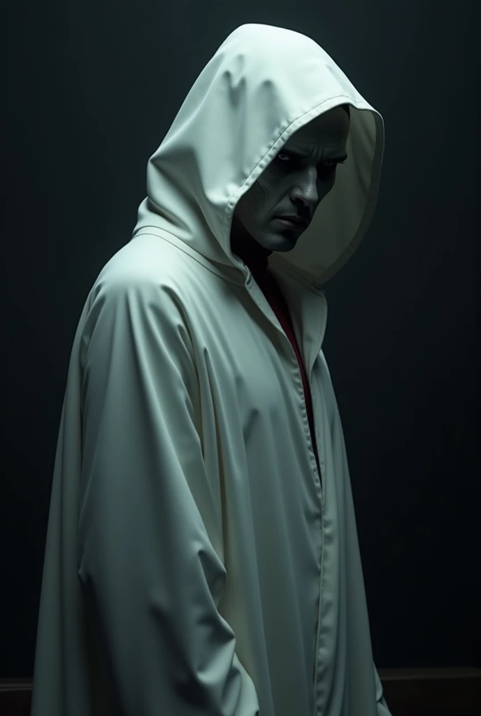 Close up of a Killer Wearing a White Robe On A Dark Background,  Posing sideways ,  in profile.