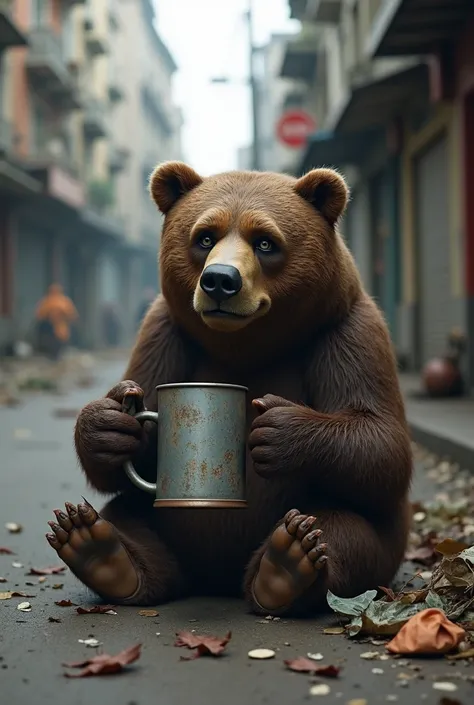 Sad bear, beggar, Holding mug, asking for money