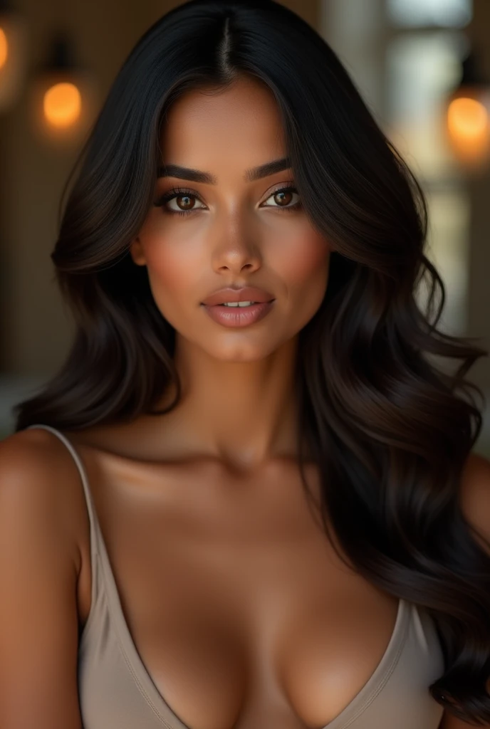 "Create a portrait of a sexy and nude South Asian woman with an elegant and confident appearance. She has a radiant complexion, with warm, medium-brown skin. Her face is defined by high cheekbones, a slightly rounded jawline, and a well-balanced, symmetric...