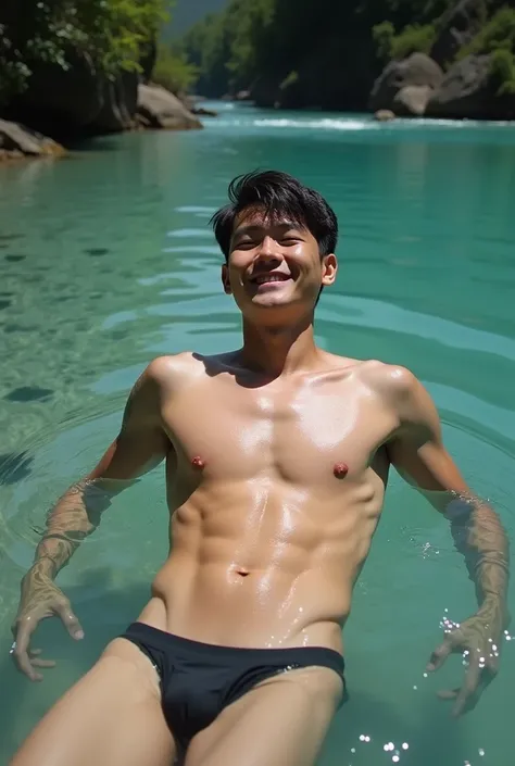 Body shot of tall young sixpack asian korean male teenager with smilling face expression laying down at crystal clear water river only wearing wet see trought white top and small tight sweating wet black underwear with splited legs with sweating wet body b...