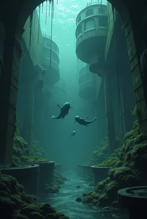 an underground aquarium dark and spooky, leaking water, cinematic 