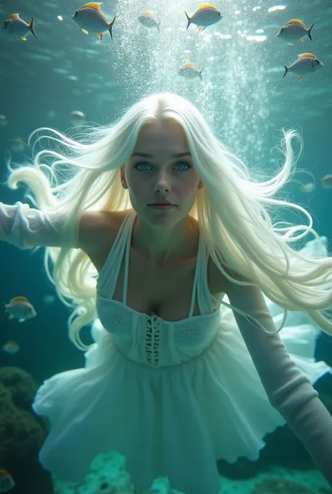 Beautiful hot women with long white hair and green eyes submerged in crystal-clear water, her white hair swirling around her like silk. Schools of fish and shimmering light beams surround her, creating a magical underwater scene.