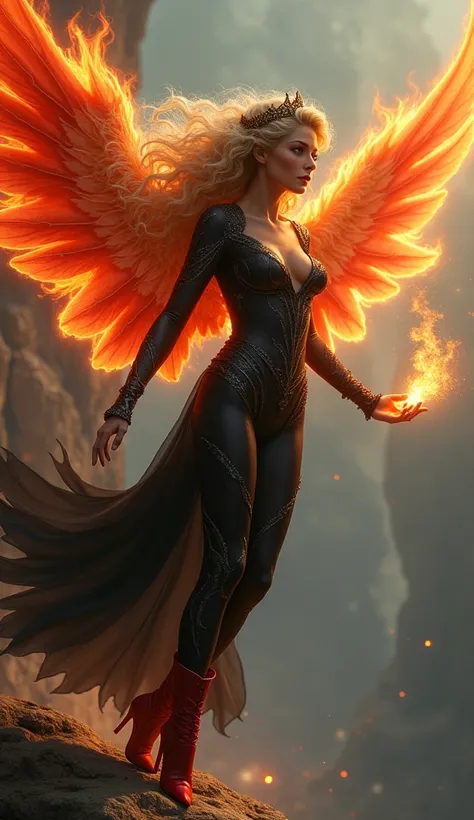  Photorealism, a beautiful cute fire queen curly blonde hair and dark iris wearing a black fantasy outfit with red heels boots. She is flying from a cliff with beautiful fire wings, she is making fire from her hand, a High Resolution, Masterpiece, Best Qua...