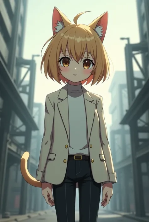 Anime catboy, white pale skin, blonde short curtains hairstyle, brown eyes, white double breasted blazer, white turtle shirt, black pants, old industrial modern gray city on background