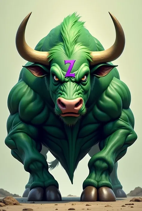 Green aggressive bull with a purple Z on the forehead