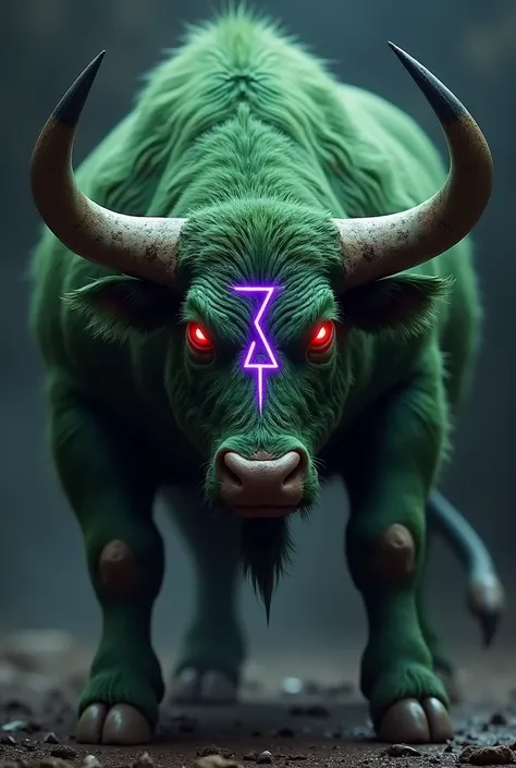 Green aggressive bull, eyes have red light, with a purple Z pattern logo on the forehead.