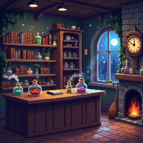  8 bits, #Pixel art, Abigail Stardew valley,  clock, cozy and cute .   ,  illuminated by a soft and warm light .  The dark wood counter , polished and rustic ,  occupies the center of the scene ,  with 2 small bottles of colorful potions and a grimoire on ...