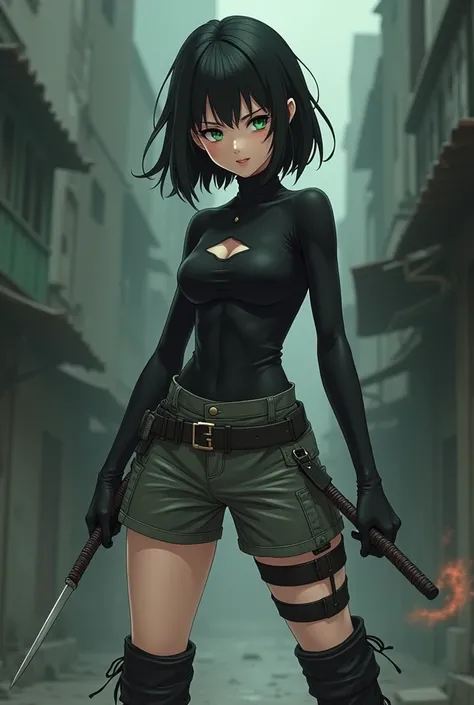 Draw a 21-year-old woman ,  with green eyes and short black hair .  An evil look and smile . wearing a black top,  gray military shorts, black high boots. Kunais ninja  (small)  in her hands as an accessory . Breasts are not too big ,  big thighs. anime

