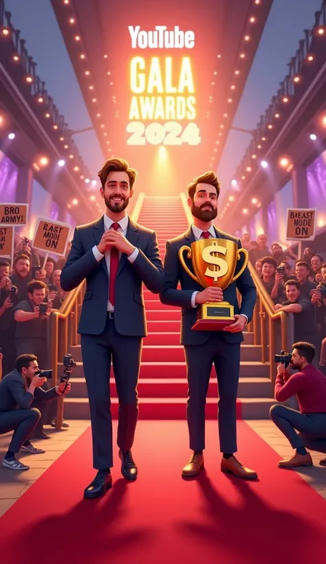 An epic and comedic scene showing PewDiePie and MrBeast arriving at the beginning of the red carpet of a lavish award show. PewDiePie is adjusting his tie with a confident smile, while MrBeast holds a huge golden trophy in the shape of a dollar sign with b...