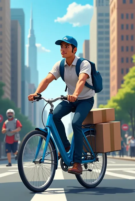 A delivery man on blue bike