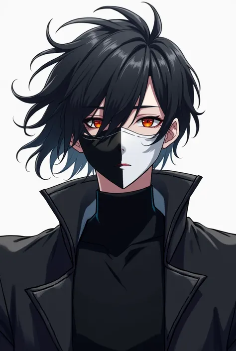 male anime character with medium large hair, his hair colot is a split which is black and white and wears a mask that covers his entire face that is white and black too, make him with a long coat