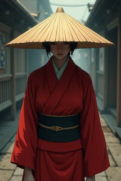 Make the image in anime,  a character whose face is covered by a shadow , Doesnt show up,  he wears a red kimono and straw hat , seu rosto Doesnt show up por conta da sombra de seu chapéu*