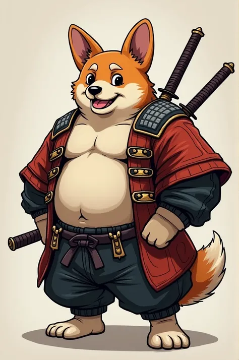 anthropomorphic corgi ，muscled，moobs，Fat Chubby，Wear a katana，potbelly，Plump and firm，Huge protrusions on the lower body，Wear a katana，Samurai style，carrying swords on his back，Five fingers，byself，Put your hands in your pockets