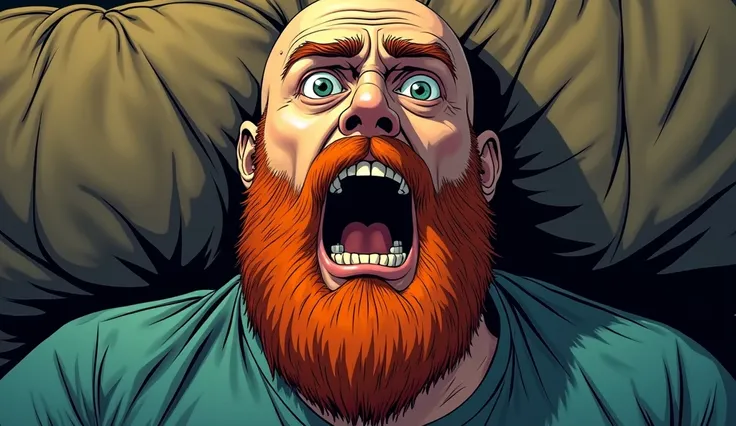 comic book art of a aerial shot of the face of a bald man with orange beard laid back on a couch the man is looking terrified 