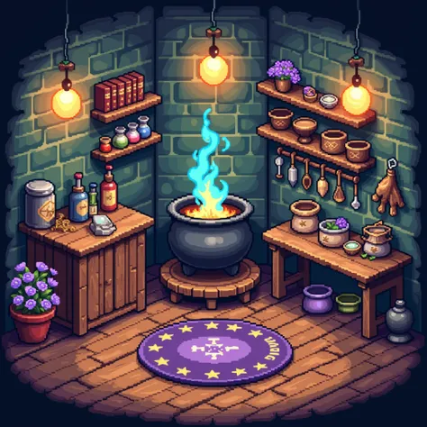  8 bits, #Pixel art, Abigail Stardew valley,  clock, cozy and cute .  A cozy magic kitchen ,  filled with enchanting details and magical items . in the center,  is a large, dark cauldron ,  resting on a wooden base illuminated by a magical blue-green flame...