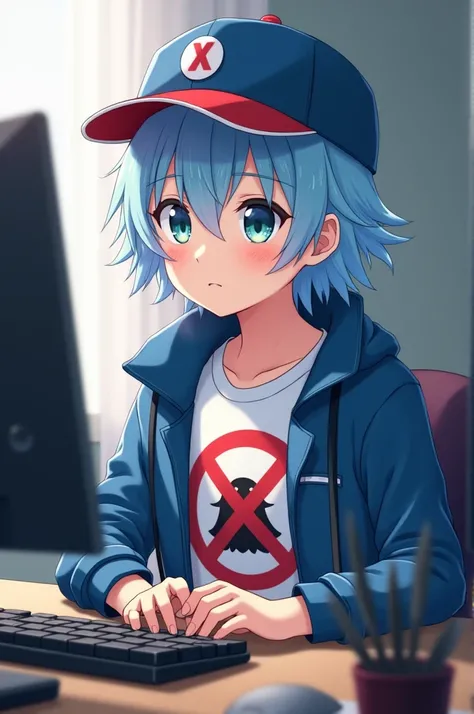 Adult boy anime,  with light blue hair and wearing a blue and red cap,  with a prohibition symbol on his white shirt ,  with a blue jacket , sitting at the desk looking at his computer  