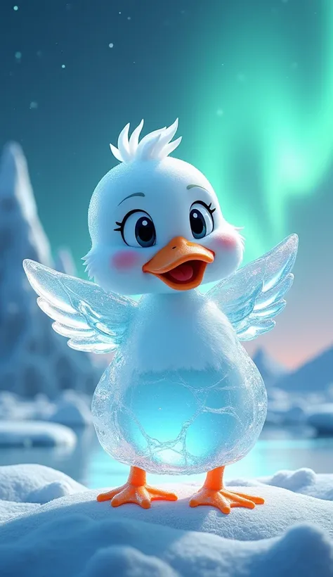 Cute duck, cartoon 3D, arms raised, cheerful eyes, looking at viewer, standing, sculpted from ice, transparent, frosty texture, cracks visible, arctic background, snow, icebergs, northern lights, 4k, detailed texture, glowing aura.