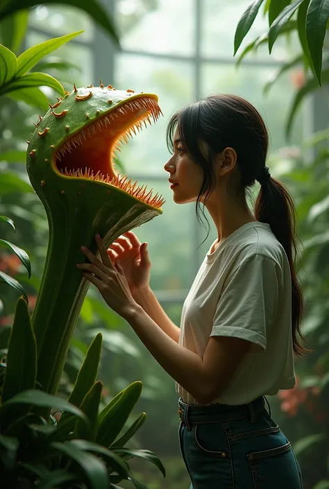 A woman checking her carnivorous plant 