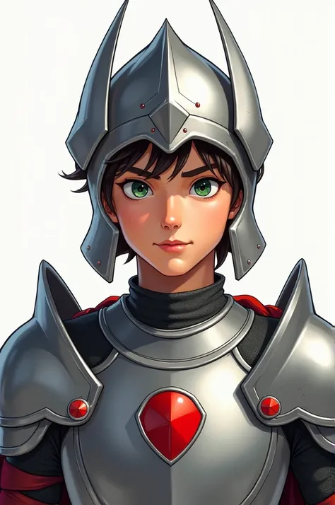 Generate an image of a young man who has a fair-skinned face with dark brown hair and his eyes are dark green.  He has a silver helmet with angular sides ,  a red circle in the center of the forehead  (The same as his ring )  and two long peaks outside the...