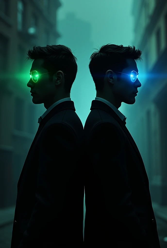  Create a cover there are two men with their backs to each other, You can only see their silhouettes and their eyes ,  One has green eyes and the other blue eyes  