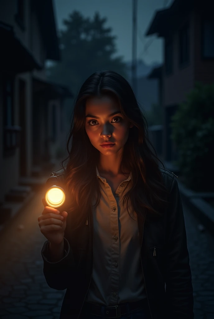 A young woman leaving home at night with a flashlight going out into the street