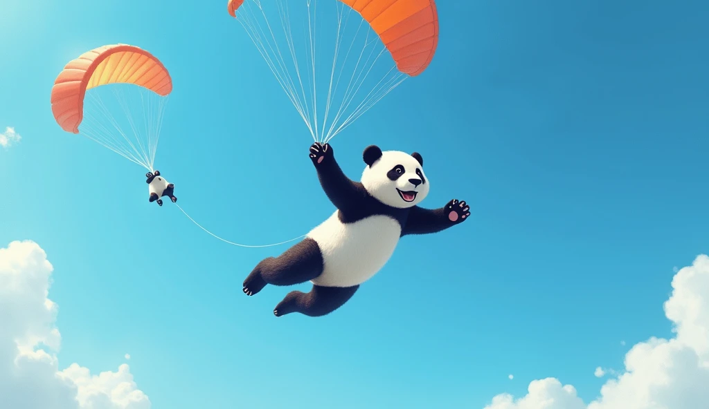 Image of a panda bear jumping from a parachute 