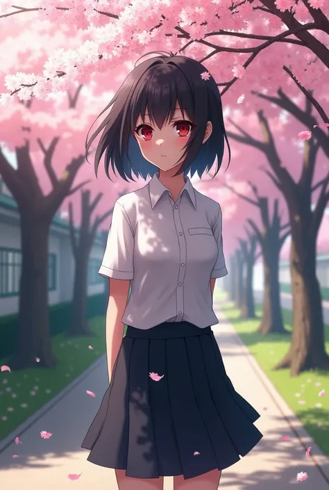  Create an anime image ,  full body . of a serious girl ,  with short black hair, with red eyes,  wearing a school uniform.  under a cherry tree in a school yard