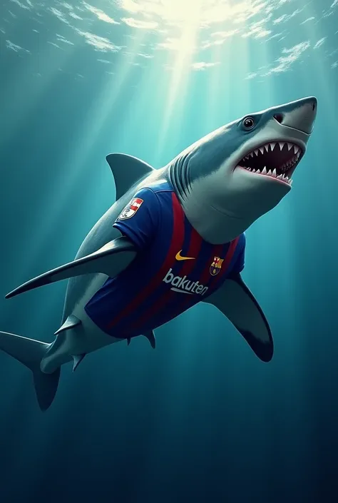 A shark wearing barcelona shirt 