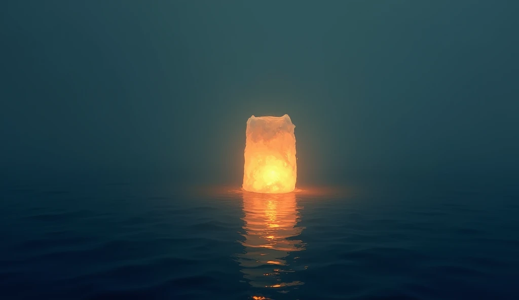 "An abstract image of a glowing lantern floating in a dark, calm sea. The lanterns light radiates softly, symbolizing inner peace and the careful sharing of ones light with the world."

