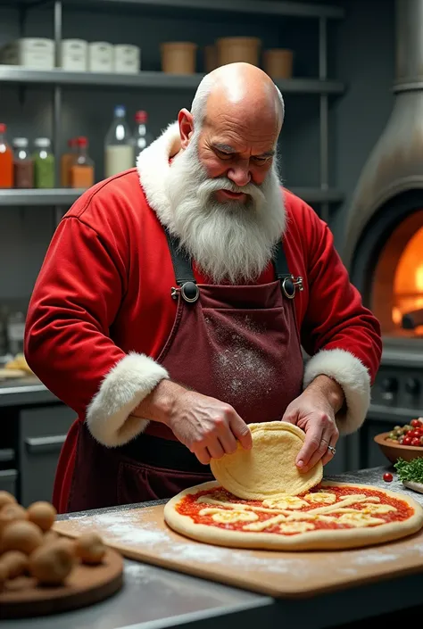 A bald cook dressed as Santa Claus who is Colombian and makes pizzas but must be realistic in style