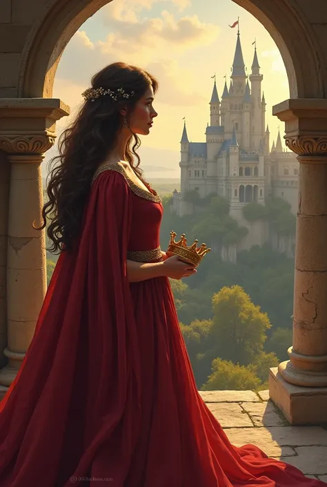 A wavy haired woman at the edge of the temple dressed in red with a crown in her hands looking at a castle