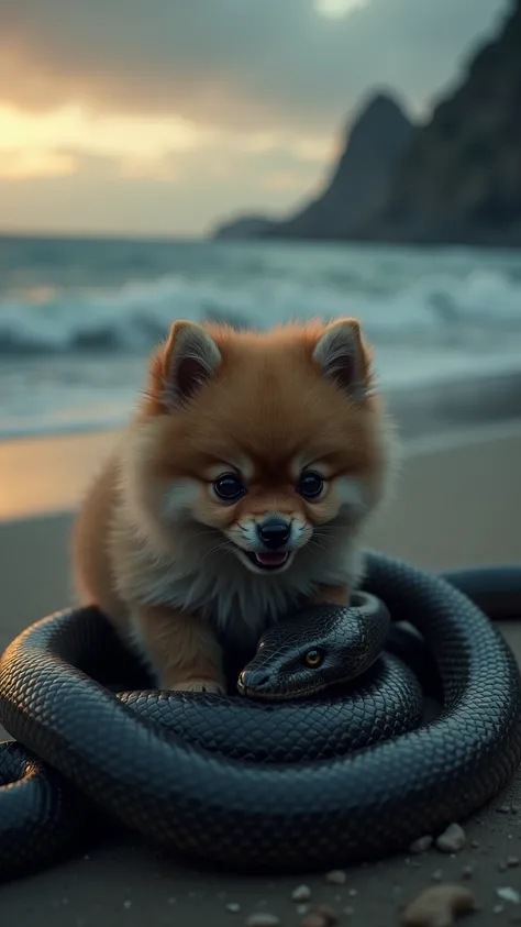  Pomeranian cub on a lonely beach at nightfall, the rough sea in the background ,  as the little dog struggles to breathe ,  with its fur crumpled by the strong spirals of the snake 