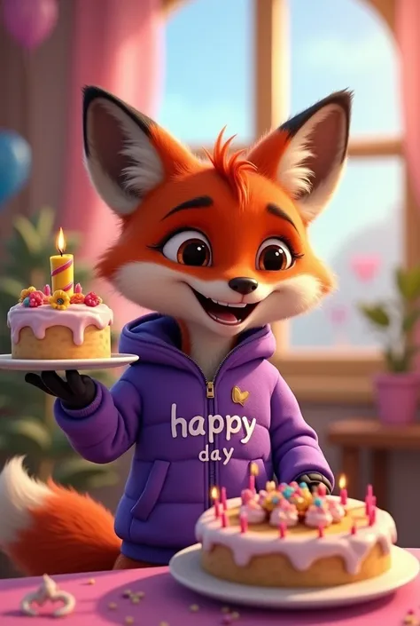 a fox, wearing a purple jacket with  " HAPPY DAY" Written,  holding a birthday cake and smiling, Disney Pixar animation style