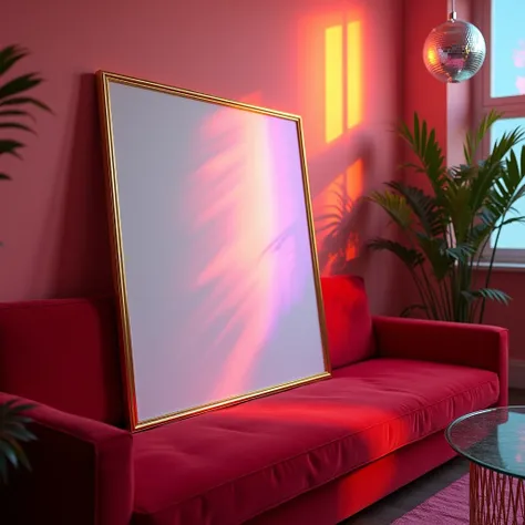 It generates a vibrant scene of a thin gold-bordered A4 frame with a pristine white canvas, resting on a red velvet sofa. The perspective is from the side, showing a disco ball-lit background that projects multicoloured light reflections onto the walls and...