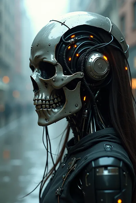 A woman standing in the mass. Long hair, beauty face, nice. Nano-technology cyborg with skull forhead, and with wires on the skulls backside, kung fu warcode. The truth comes through the window by the silent, and destiny. Apocalyptic world, chaos bounder. ...