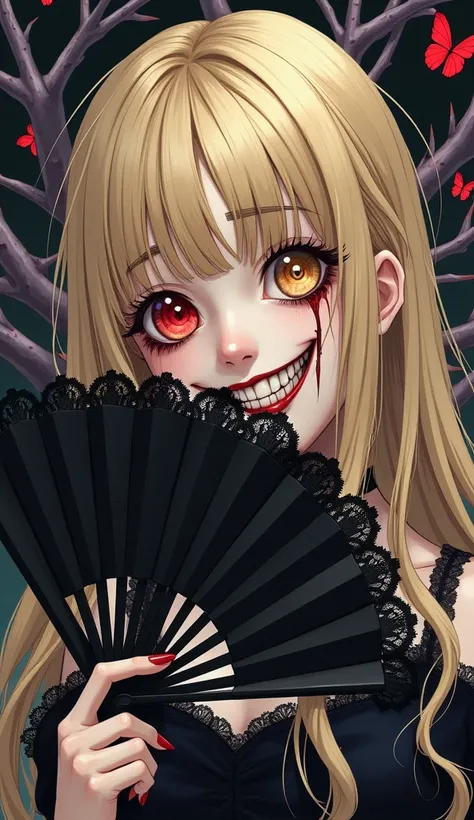 Heterochromia,  right eye a red , left eye yellow  ,  blonde  , black lace , Japanese anime ,  long blond hair ,  gothic makeup , mature woman, darkness, horror, a creepy big smile from ear to ear , villainous smile,  cunning face ,  thin facial features ,...