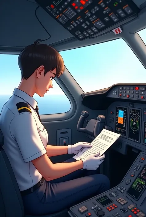 Show an animated scene ,  as a pilot looks at a weather report and checks checklists.