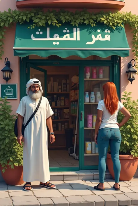 I want pictures of a shop with cleaning swag written on it ❤️ It sells everything related to cleaning materials, and there are beautiful women in front of the shop shaking their big buttocks, and in front of the shop is an Arab young man with a long, sligh...