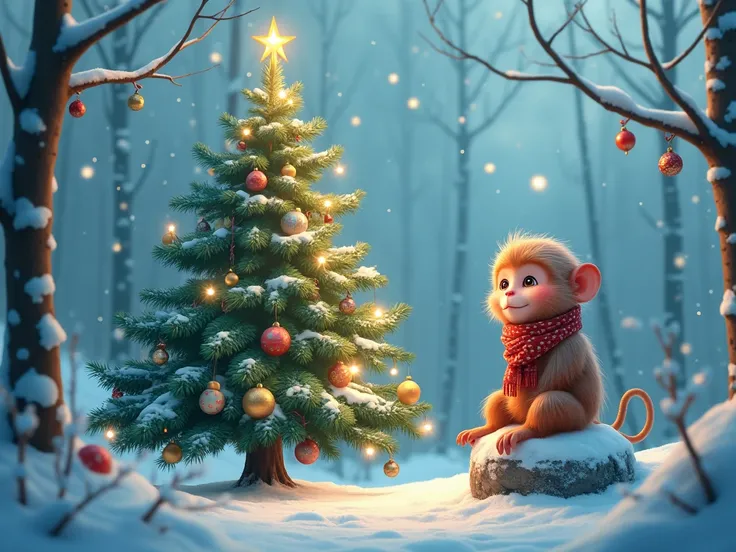 Christmas image of a Christmas tree and a snow monkey