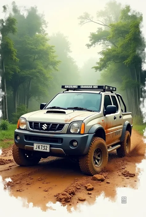 I want to see a SUZUKI GRAND Vitara 4-door pickup truck model year 2016 off road to be printed on a t-shirt, The image must be watercolor style ,  with a lot of mud and in the jungle and that says with letters Suzuki Off Road 