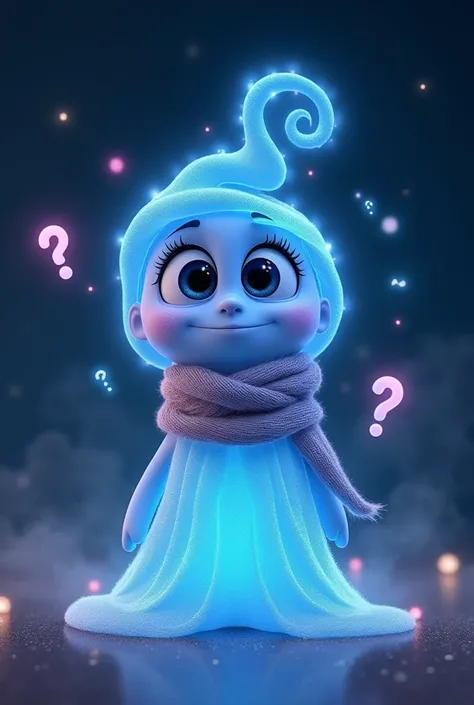 "A cartoonish and highly imaginative character inspired by the Inside Out style, representing curiosity and inner thoughts. The character has a soft glowing bluish-transparent body with big expressive eyes, no visible gender, and a playful curly shape rese...