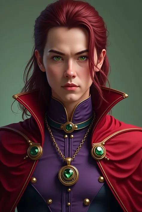 Create a Marvel ,  character with traits similar to Loki ,  with emerald green eyes and red wine red hair ,  dressed in a red cape supported by a twilight pendant and a type of long neck sleeveless purple t-shirt with certain copper details.  He has an arr...