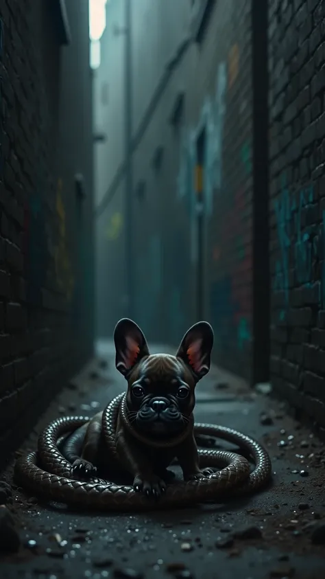  French Bulldog puppy in a dark and damp alley ,  the surrounding graffiti walls echoing the silence.  The cub is stuck in the snake rings , your gasping breath cutting through the air 