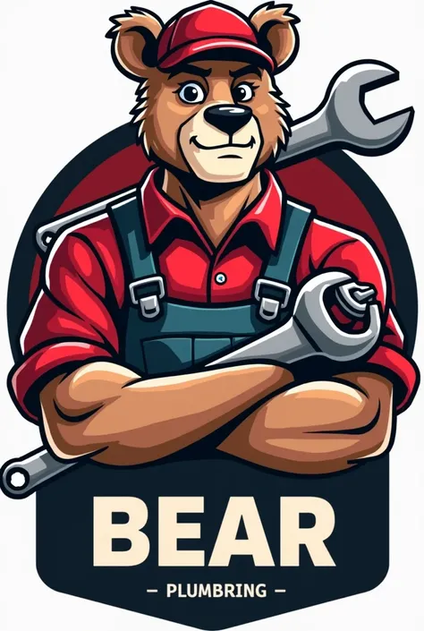  Design a plumbing logo , using the title  "bear" with colors black , reds and grays ,  design a male person approximately 30 years old, Without Beard,  using a wrench  