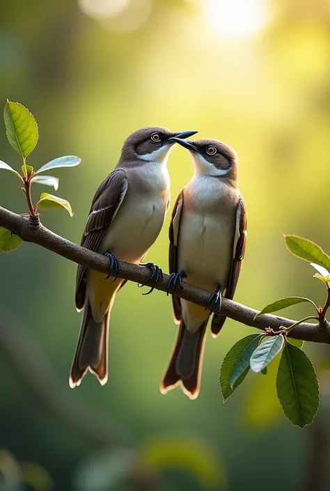 "Two birds perched on a branch, positioned in such a way that their arrangement and the surrounding objects, such as leaves or branches, naturally form the Arabic word ALLAH when viewed together. The scene is serene, with soft sunlight enhancing the divine...