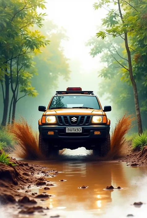 I want to see a NEW SUZUKI GRAN VITARA van going off road to be printed on a t-shirt, The image must be watercolor style , with a lot of mud and in the jungle SPLASHING PUDDLES OF MUD AND I WALK WITH A LOT OF DIFFICULTY 