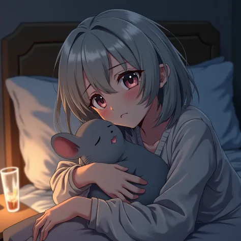 Cute, sleepy, sleep deprived, anime girl, older, pet rat, alcohol