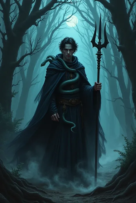  Imagine a dark-haired man ,  with a snake around the body,  with a black cape ,  with medium trident in hand, standing in the forest at night . full image.